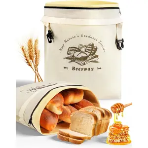 Beeswax Bread Bag 2 Pack Reusable Linen Storage Bags with Zipper and Straps for Homemade Sourdough Loaf Breads XL Size