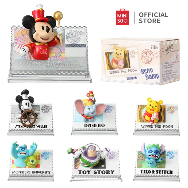 MINISO Disney Retro Stamp Collection blind box  - Steamboat Willie, Dumbo, Winnie the Pooh, Monsters University, Toy Story, Lilo & Stitch Figurines