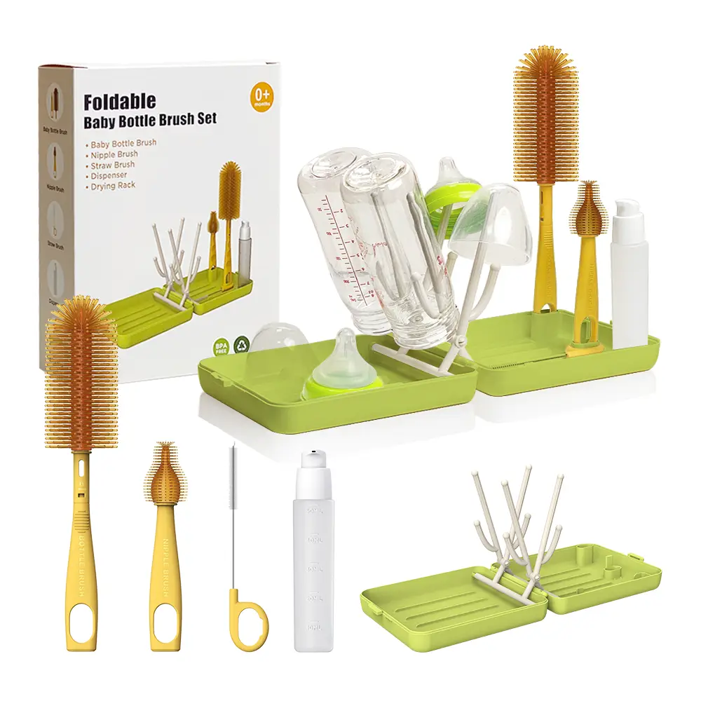 YOTIME Travel Bottle Brush, Travel Bottle Cleaner Kit with Foldable Bottle Drying Rack, for Visit Friends and Relations, Baby Travel Essentials