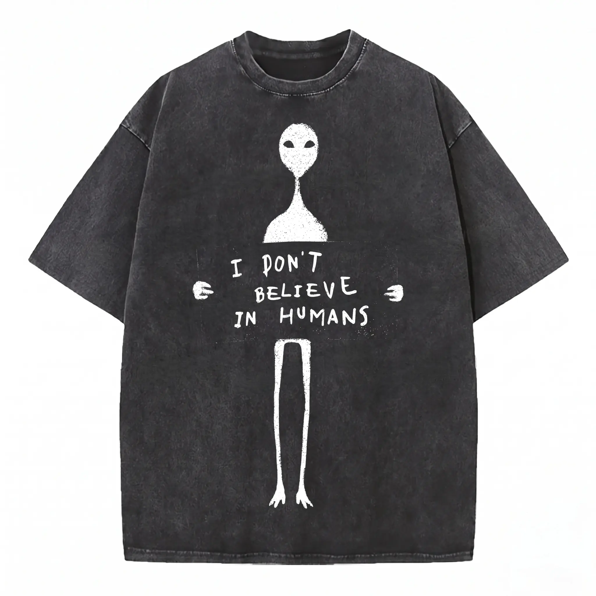 Funny Alien I Don't Believe In Humans Graphic Tee Oversized Streetwear Washed Cotton T-Shirt Retro Y2K Aesthetic Trendy Casual Top OOTD 100% Premium Cotton Heavyweight Unisex Summer Clothes Men Women TikTok Fashion Daily Style Essentials