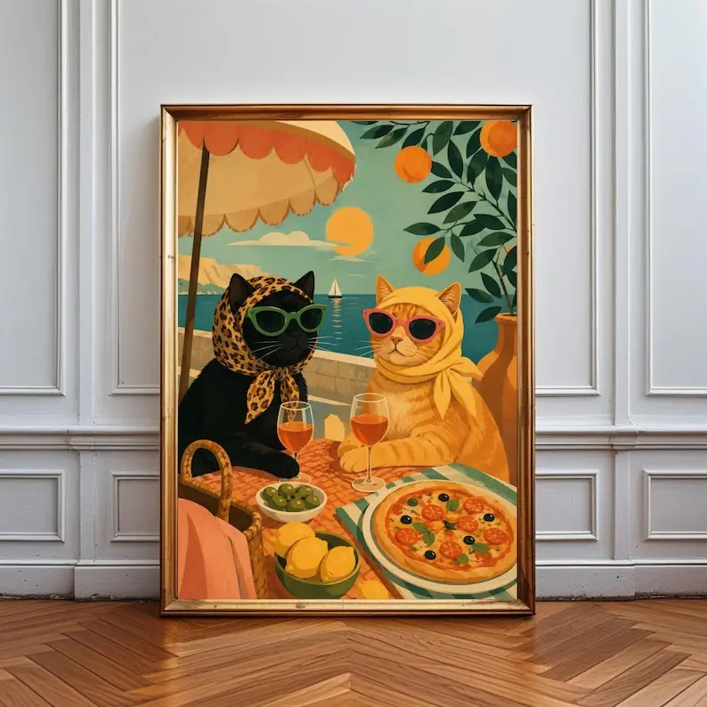 Funny Cat Wall Art Print, Whimsical Kitchen Poster, Fashion Cats Artwork, Colorful Animal Decor, Cute Pizza Cat Art, Maximalist Wall Prin