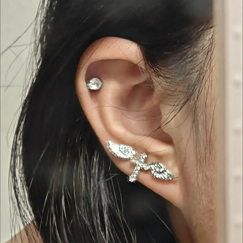 Wing Design Earrings DIY Stackable Y2K Ear Studs Ear Piercing Jewelry Gifts for Women Girls Metal Punk Gothic Cross Shiny Earing