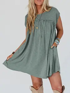 EG fashion Viscose Green Frilled Seam Pocket T Shirt Dress