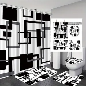 4Pcs Abstract Striped Shower Curtain Set with Non Slip Rugs, Toilet Lid Cover and Bath Mat,  Home Bathroom Decor Bathroom Set,Bathroom Decoration Accessories with 12 Hooks, Shower Essentials