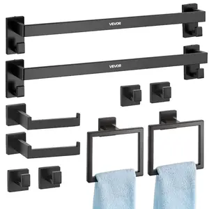 10-Piece Stainless Steel Bathroom Hardware Set, Wall-Mounted Matte Black Bathroom Decor Set with 24-in Towel Bars, Robe Racks, Garment Hooks, Toilet Paper Holders