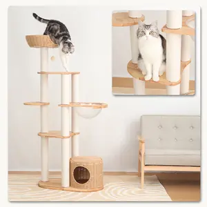 PETTIFUL Cat Tree Tower for Indoor Cats with Wicker Basket & Enclosed Condo, 53” Wooden Cat Climbing Furniture with Clear Acrylic Bowl, Scratching Posts and Play Ball – Cat Condo for Large Cats (White-63'')