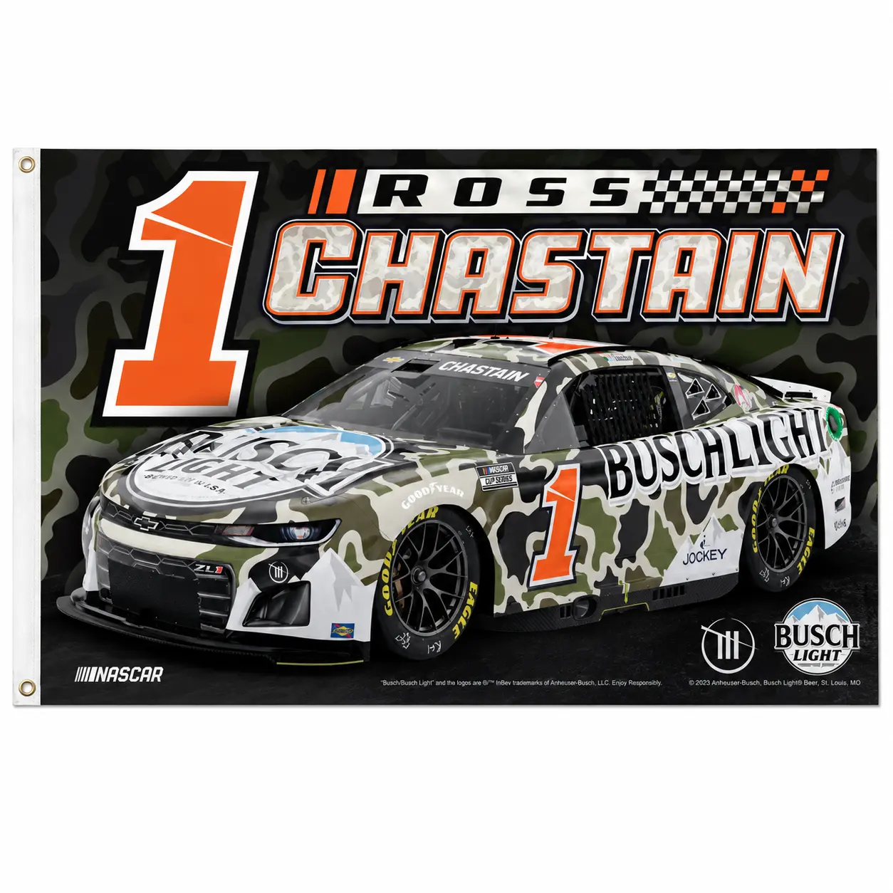 Ross Chastain No. 1 Busch Light Camo Racing Flag 3x5 FT, NASCAR Car Banner, Motorsports Garage Man Cave Wall Decor, Race Fan Gift