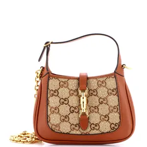 Pre-owned GUCCI Canvas Plain, Crystal, Leather Shoulder Bags Jackie 1961 Chain Hobo Crystal Embellished GG Canvas Mini by Rebag