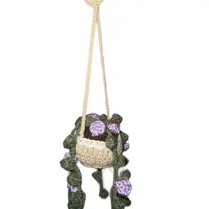 Crochet Mini String of Pearls Planters with Olive Colored Leaves and Rose Accents