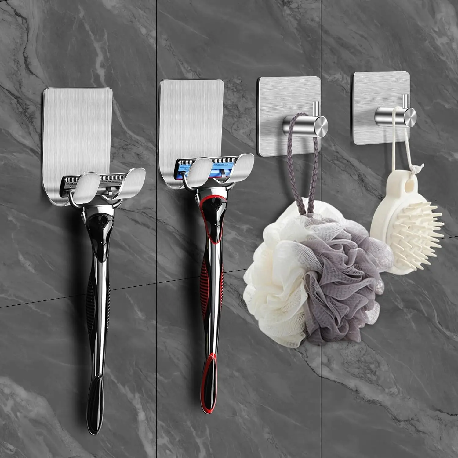 4 Packs Shower Hooks for Inside Shower, Self Adhesive  Holder Hanger Hook for Bathroom  Free Wall Hooks for Razor Loofah Sponge
