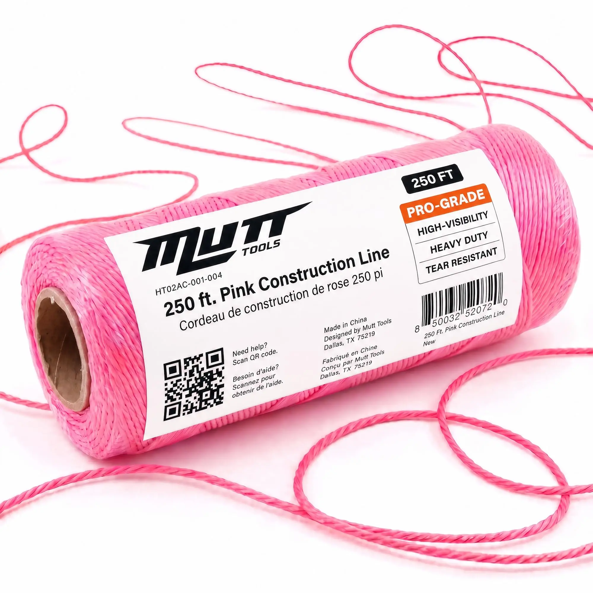 Mutt Tools Heavy Duty Braided Nylon Construction String Line - 250/500/1000 Ft - High Visibility Colors for Masonry, Landscaping & Surveying