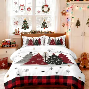 Christmas Theme Bedding Set, Plaid Duvet Cover & Pillowcases, Polyester Fabric, 1 Fitted Sheet + 2 Pillows (no Core)