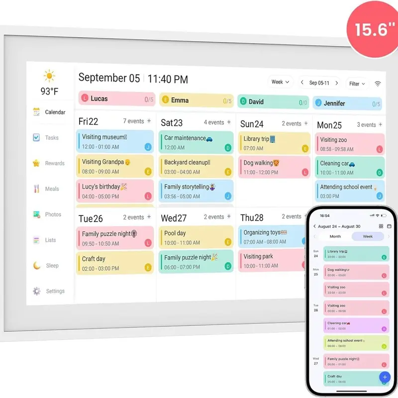 15.6” Wall Planner Digital Calendar & Chore Chart, Smart Touchscreen Interactive Display for Family Schedules – Wall Mount Included, Great for Organizing Your 2026 Calendar