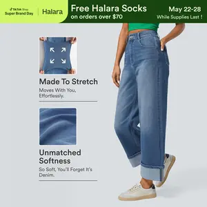Halara Flex High Waisted Pockets Rolled Hem Wide Leg Washed Casual Jeans #SwimWeek