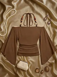 Boho Beaded Batwing Sleeve Top, Vintage Hippie Style, Casual Round Neck T-Shirt, Fashionable and Sexy, Aesthetic, Perfect for Beach Vacation