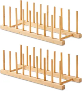 2 Pack Bamboo Wooden Dish Rack-Plate Pot Lid Cutting Board Organizer Holder Rack for Cabinet-Kitchen Cabinet Organizer for Dish, Pots, Lids, Bowls, Bottles, Books, and Puzzle Natural Yearn