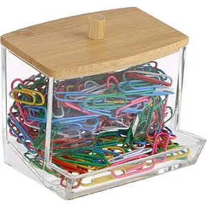 Clear Paper Clip Holder with Bamboo Lid Thick Acrylic Self-dispensing Office Supply Accessory Organizer Small Storage Holder Cute Qtip Holder for Office Bathroom Vanity (Clips Not Included)