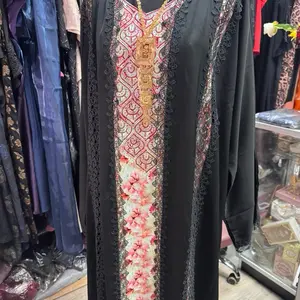 Black Abaya with Lace Embroidered Floral Detail and  for Elegant Wear