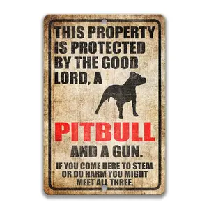 Vintage Home Defense Sign "Protected By Pitbull" - Christian Faith  Theme Wall Hanging - Retro Distressed Security Metal Plate for Front Porch & Garage - Unique Gift for Men