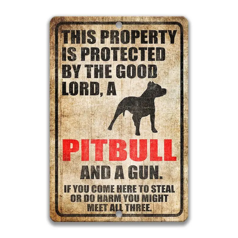 Vintage Aluminium Home Defense Sign - "Protected By Pitbull" Christian Faith Wall Decor, Retro Distressed Security Plate, Art Deco Casual Work Decor, Sweet International Front Porch Gift for Men