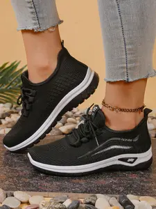 Breathable Flyknit Sports Shoes for Women, Lightweight Casual Low-Top Knitted Running Shoes, Stylish Outdoor Lace-Up Sneakers