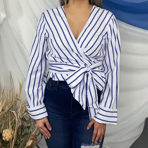 Isabelle Stripped V-Neck Blouse, Self Tie Top Shirts Womenswear Lady Women Long Sleeve
