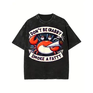 One 100 Percent Cotton Front Washed T Shirt With Crab And Cigar Graphic Design For Halloween And Everyday Wear Unisex Casual Style 230g