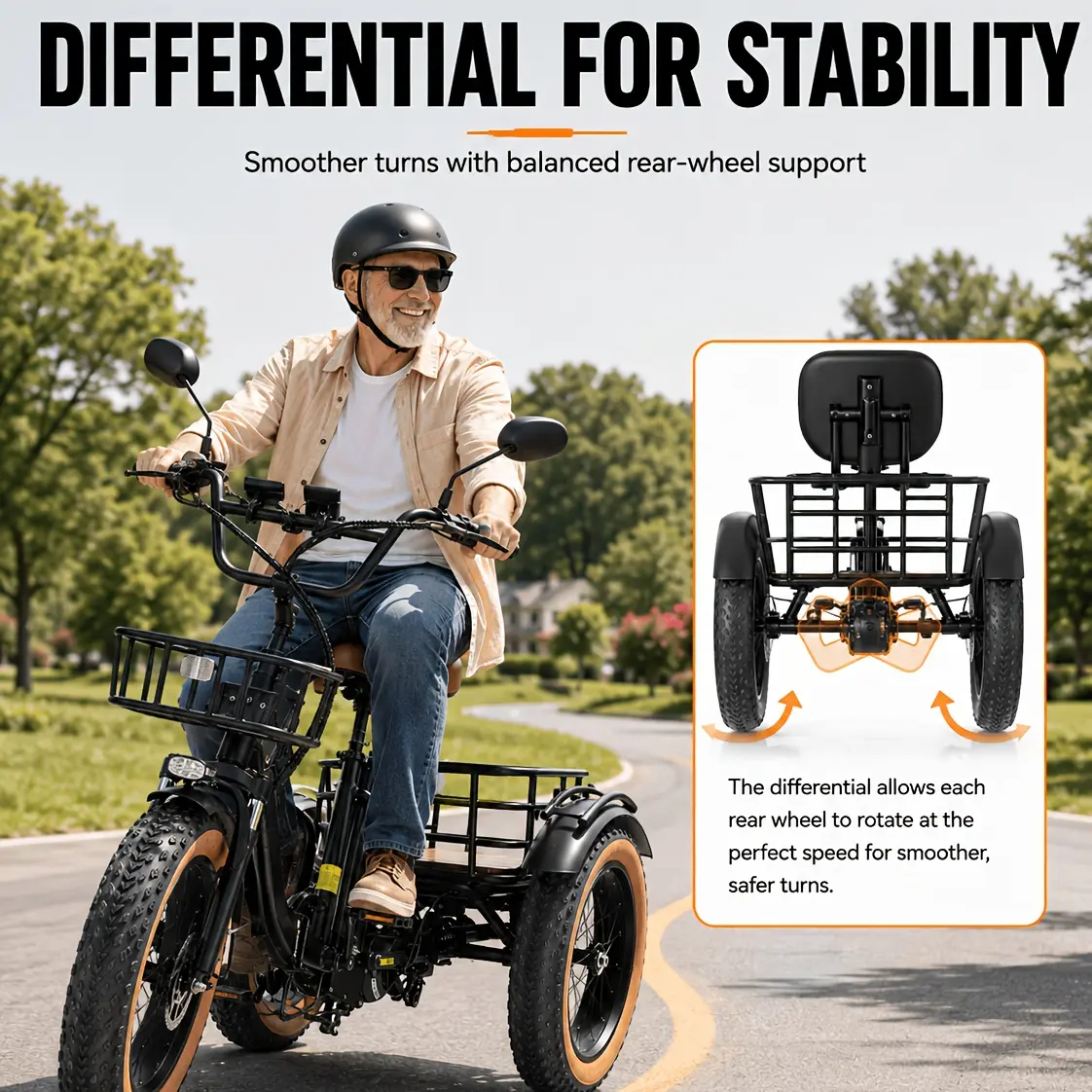 Electric Mobility Scooter, Adult Electric Tricycle with 20" X 4" Fat Tires, Folding 3 Wheel Electric Bike for Adults & Seniors, Easy Step-Through Frame, Rear Differential, Removable Battery, Front & Rear Baskets for Shopping & Daily Rides