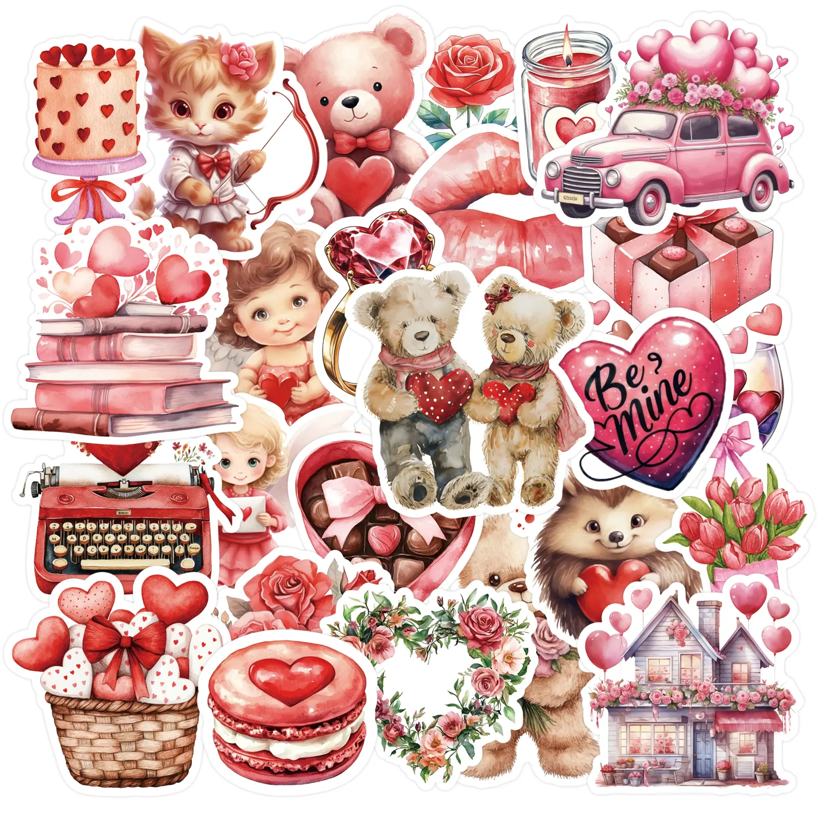 PRSTINCOL 100-Pcs Adhesive Stickers Set - Romantic Valentine's Theme, Adorable Hearts, Character Designs for DIY Scrapbooking, Journals, Planners, Crafts Decoration
