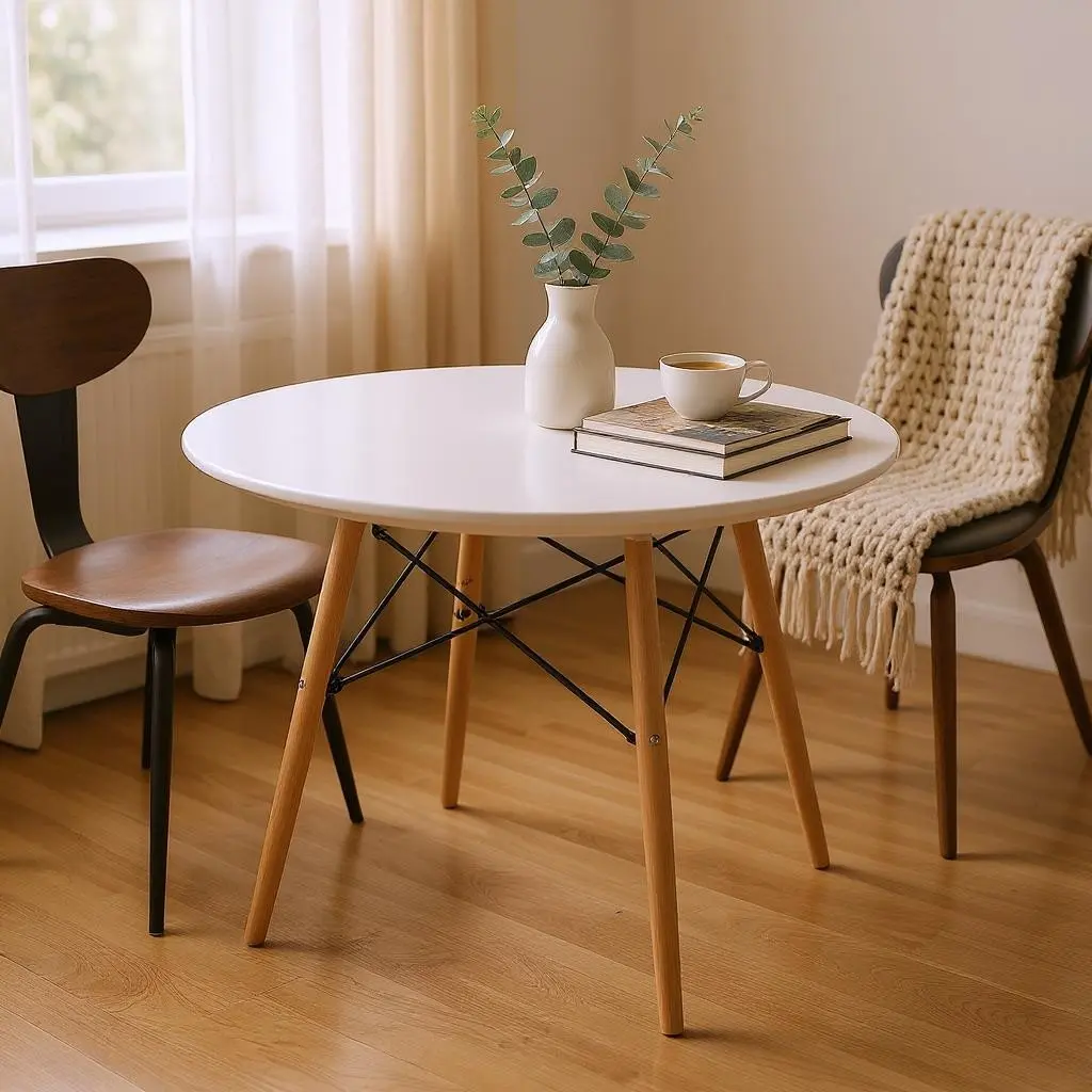 360-Rotating Stand 2-Tone Round Top Dining Room Table - 29x36x36 in., White & Natural Recycled Wood, 4-Leg Gloss Finish, Contemporary Modern Eco-Friendly Furniture, Assembly Required, 6-Seat Indoor Tables with Eco-Friendly Touch
