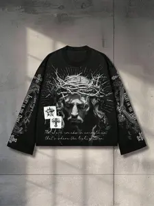 Men's Stylish Gothic Streetwear Print Crewneck Casual Hoodie, Long Sleeves, Perfect for Spring Summer Fall, Vintage 2000s Style, Loose-Fitting Crop Box Type
