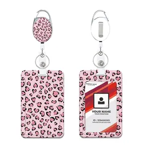 Sweet Leopard Print ID Badge Holder, ID Card Holder, Retractable Badge Reel, Single-Sided Badge Stand with Clip, Office Gift for Women Teachers Nurses