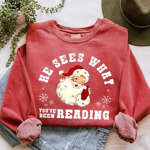 Vintage He Sees What You’ve Been Reading Sweatshirt, Santa Reading Tee, Christmas Gift for Bookish, Book Lover Christmas Sweatshirt