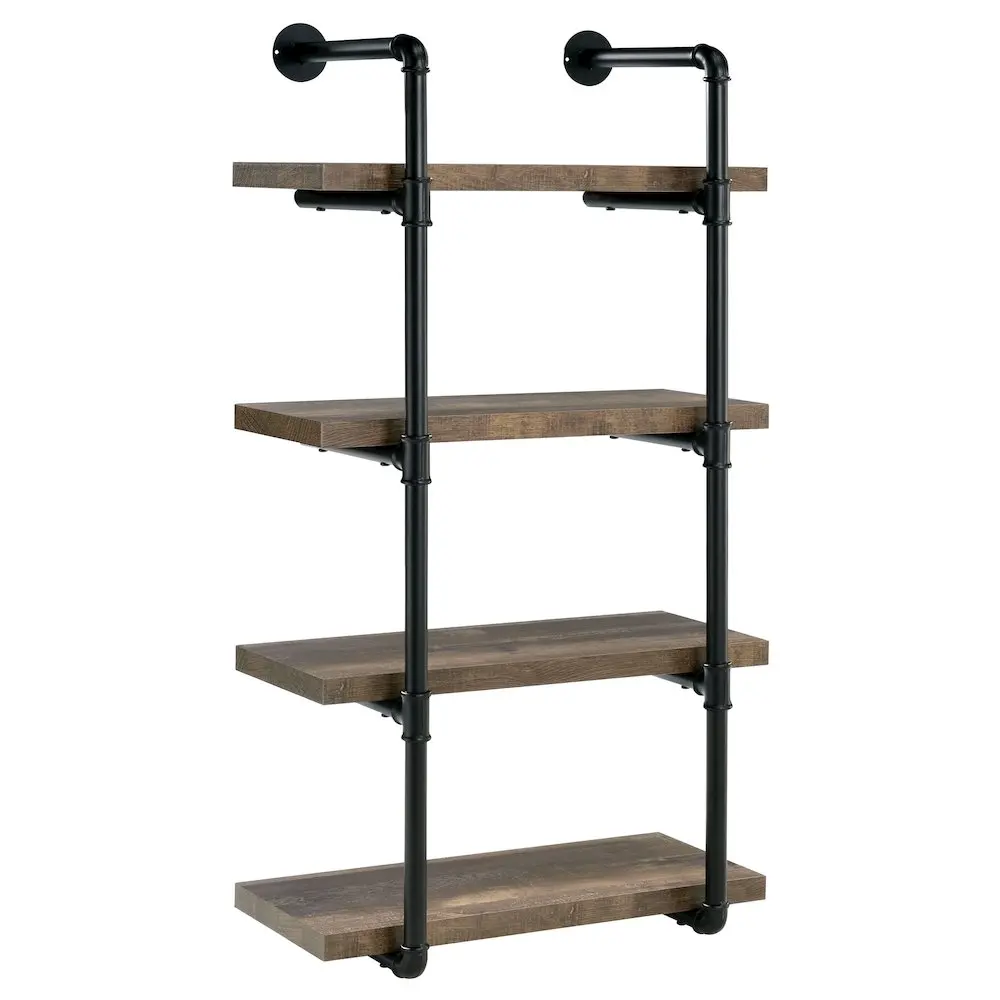 Elmcrest 24-in 4-Shelf Wall Mount Bookshelf with Plumbing Pipes Design, Rustic Oak Storage for Living Room - Decorative Hanging Indoor Furniture