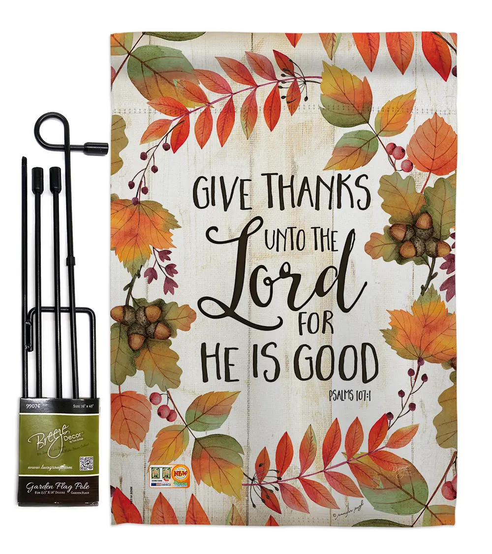 Breeze Decor BD-TG-GS-113069-IP-BO-D-US18-SB 13 x 18.5 in. Give Thanks Unto the Lord Fall Thanksgiving Vertical Double Sided Mini Garden Flag Set with Banner Pole