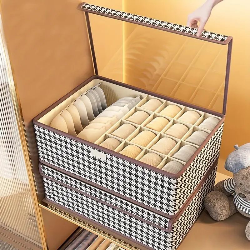 Modern Canvas Lingerie Organiser Box with Lid - Closet Storage, Dresser Organization, Dual Compartments Drawers Storage Box for Underwear, Bras (Including Organization Ideas), Underwear Storage