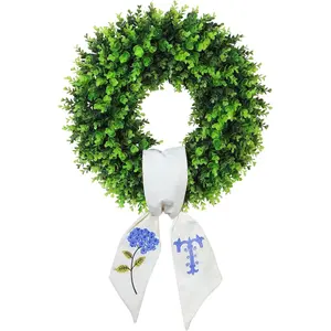 Boxwood Wreath for Front Door Spring Summer Wreaths Farmhouse Door Hanger,Last Name Year Round Porch Decor,20 inch Multi Occasion use Wreath with Personalized Monogram sash Embroidered -20 (T)