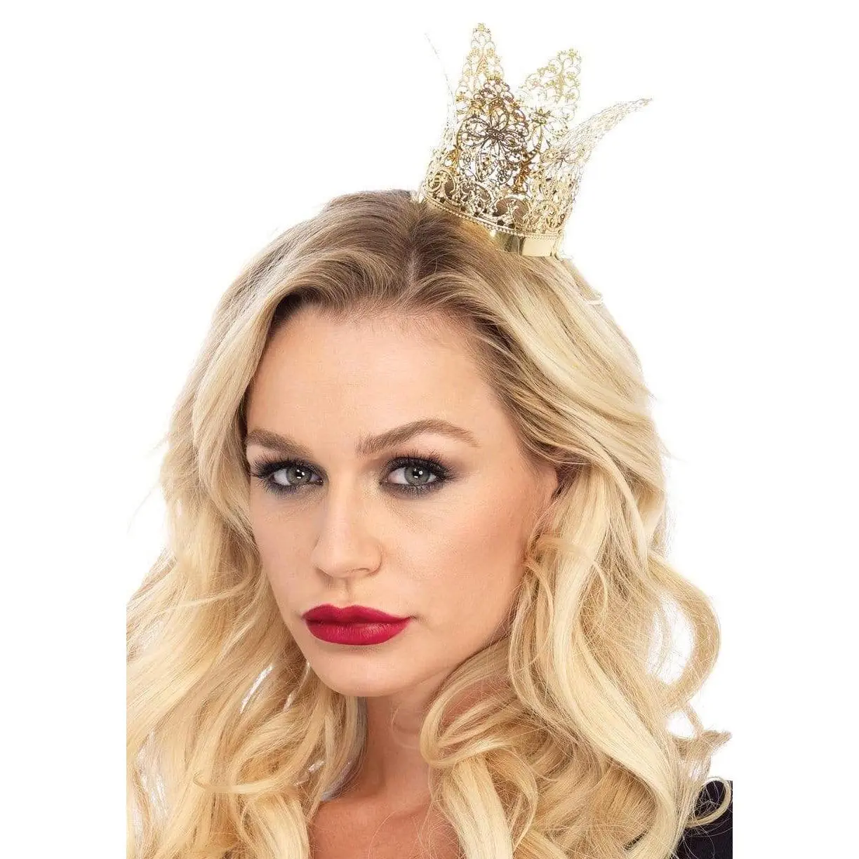 Metallic Filigree Mini Crown Headband, Queen Costume Accessory for Adults with Curved Tips and Secure Elastic Fit
