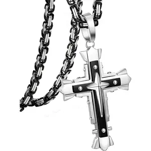 GASSIECA 5MM Stainless Steel Cross Necklace Pendant for Men Byzantine Chain Necklace 56CM 61CM,71CM Fashion Jewelry Men's Accessories
