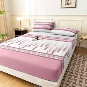 3pcs Set Purple and Pink Striped Bedding Classic and Timeless Quality Fitted Sheet for Single Dorm Double King Queen Beds Three-Dimensional Piping 360° Fits Mattress Snugly Skin-Friendly Texture