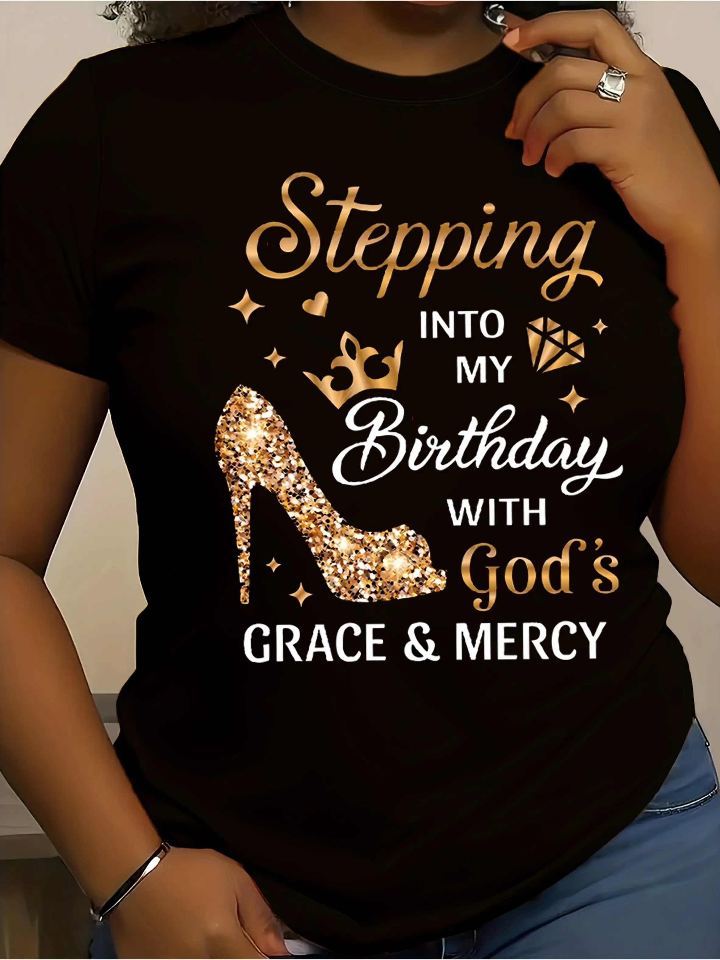 Women's Birthday High Heels & Heel Letter Print T-Shirt - Casual Short Sleeve Round Neck Blouse for Spring Summer Fall Outfits, Birthday Party Outfit, Casual Attire, Machine Washable Top with High Heel Design (No transparency)