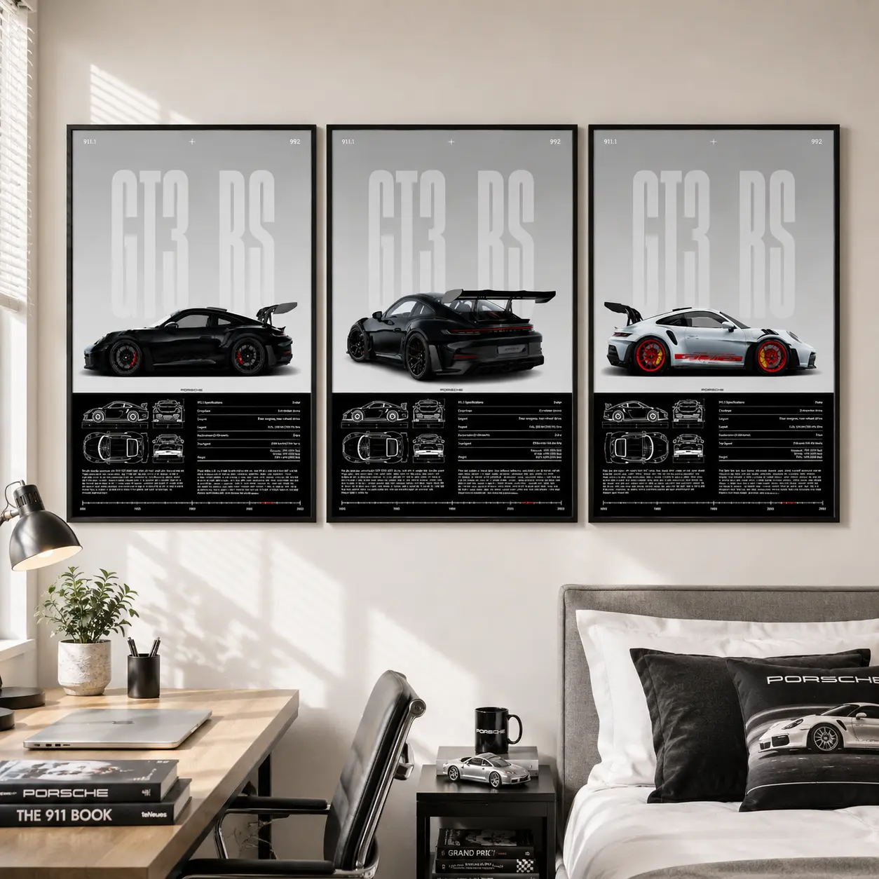 3 Counts Framed Canvas, Porsche GT3 RS Series Poster, Exquisite Fashion Poster, Modern Art, Abstract Design, Modern Minimalist Design Wall Art for Living Room, Waterproof Artwork, Ideal Gift for Family Decoration Artistic