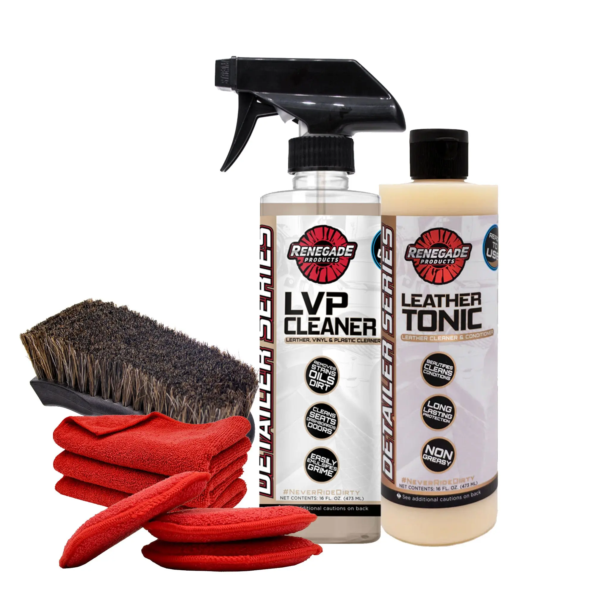 Renegade Products Leather Clean and Condition Kit - LVP Cleaner, Leather Tonic & Brush for Interior Car Care with Microfiber Towels Renegade Products Leather Clean and Condition Kit - LVP Cleaner, Leather Tonic & Brush for Interior Car Care with Microfiber Towels