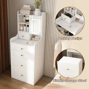 3-in-1 Compact LED Mirror Vanity Desk with Hidden Storage Stool, Modern White Density Board Makeup Dressing Table, 4 Drawers, Storage Cabinet & Open Bookshelf Design, Multifunctional Bedroom Organizer Furniture for Girls Women