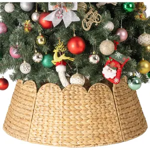 28" Scalloped Christmas Tree Collar, Wicker Christmas Tree Base Skirt with Water Hyacinth, Rustic Tree Ring Stand Cover for Christmas Home Party Farmhouse Artificial Trees Decor