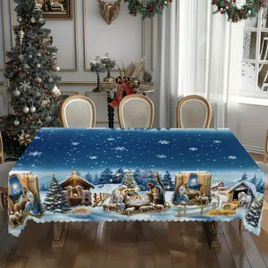 Christmas Tablecloth Jesus Birth Scene Polyester Machine Washable Holiday Dining Decor Outdoor Party Table Cover Gift Kitchen Ornaments Decoration Led Mood Light Led Star Light