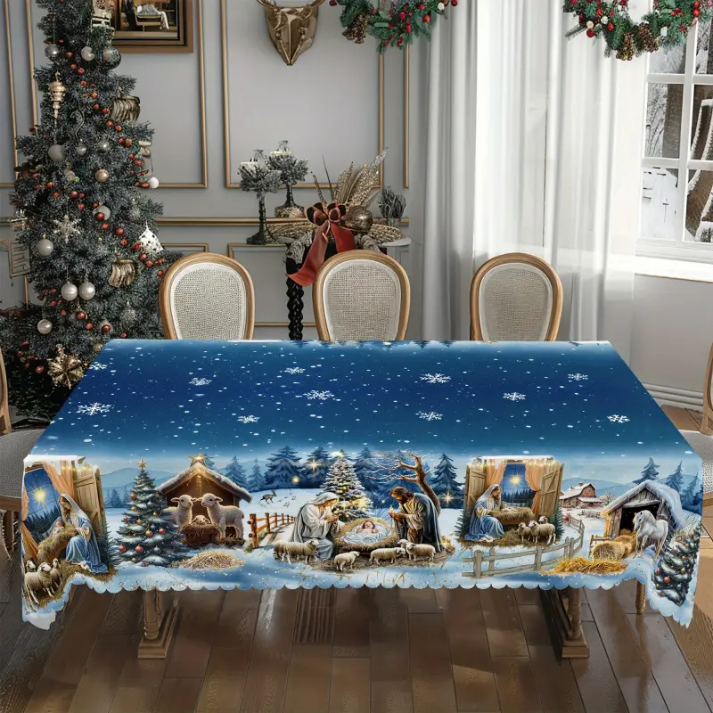 Polyester Christmas Rectangle Tablecloth with Jesus Birth Scene - Machine-Washable Holiday Dining Cover with LED Mood & Star Lights, Indoor Family Party Decoration Supplies, Festive Kitchen Ornament, Gift, Led Mood Light