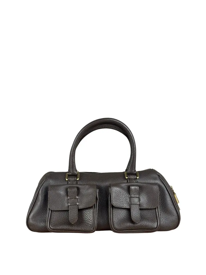 Pre-owned BURBBERY Pebbled Leather Shoulder Bags Burberry Vintage Brown Double Pocket Satchel Handbag