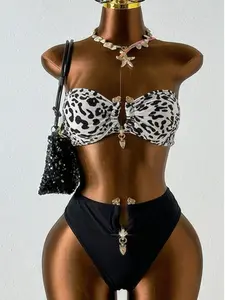 Women's Fashion Leopard Print Metal Accessories Two-Piece Set, Sexy Bikini, Comfortable Bikini, High Waisted Bikini, Perfect for Summer Beach Vacation