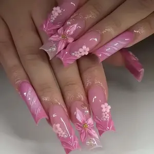 Hand-Painted Floral French Square Press On Nails: 3D Acrylic Design